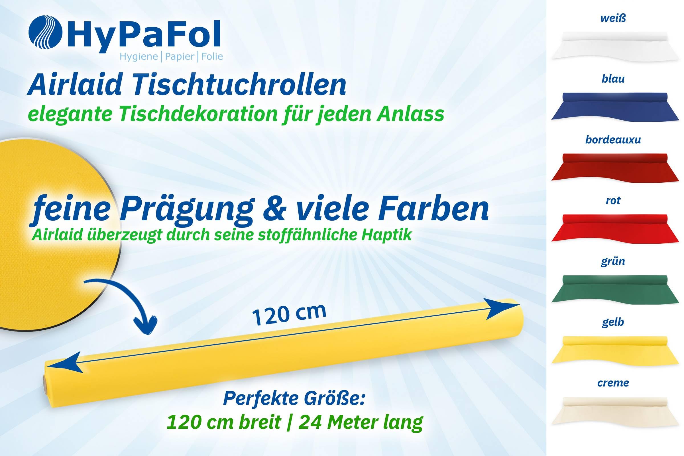 Hypafol Airlaid Tischdeckenrolle Creme I Papiertischdecke Rolle mit stoffähnlicher Eigenschaft, 1,20 x 24 m I Einweg Tischdecke für Biertische & mehr I Einmal Tischdecke ideal für Partys & Hochzeit