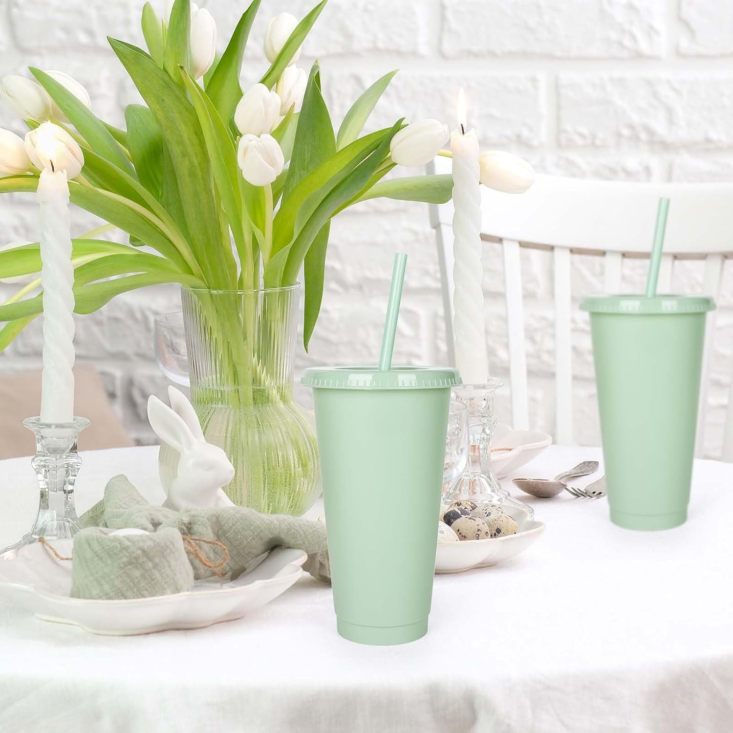 Whaline 12Pcs Sage Green Plastic Cups with Flat Lids Straws Reusable Large Tumbler Travel Mug Cups Party Drinkware Decor for Iced Coffee Beverage Drinks Party Supplies, 24 Oz