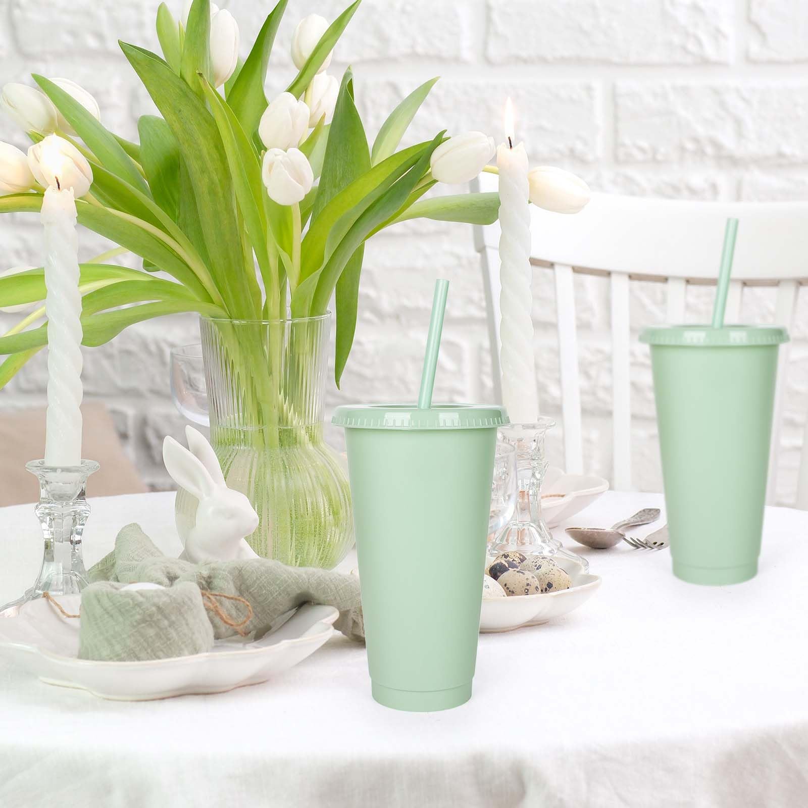 Whaline 12 bicchieri di plastica verde salvia con coperchio piatto e cannuccia, riutilizzabili, grandi bicchieri da viaggio, tazze da viaggio, decorazioni per feste per caffè, bevande, bevande,