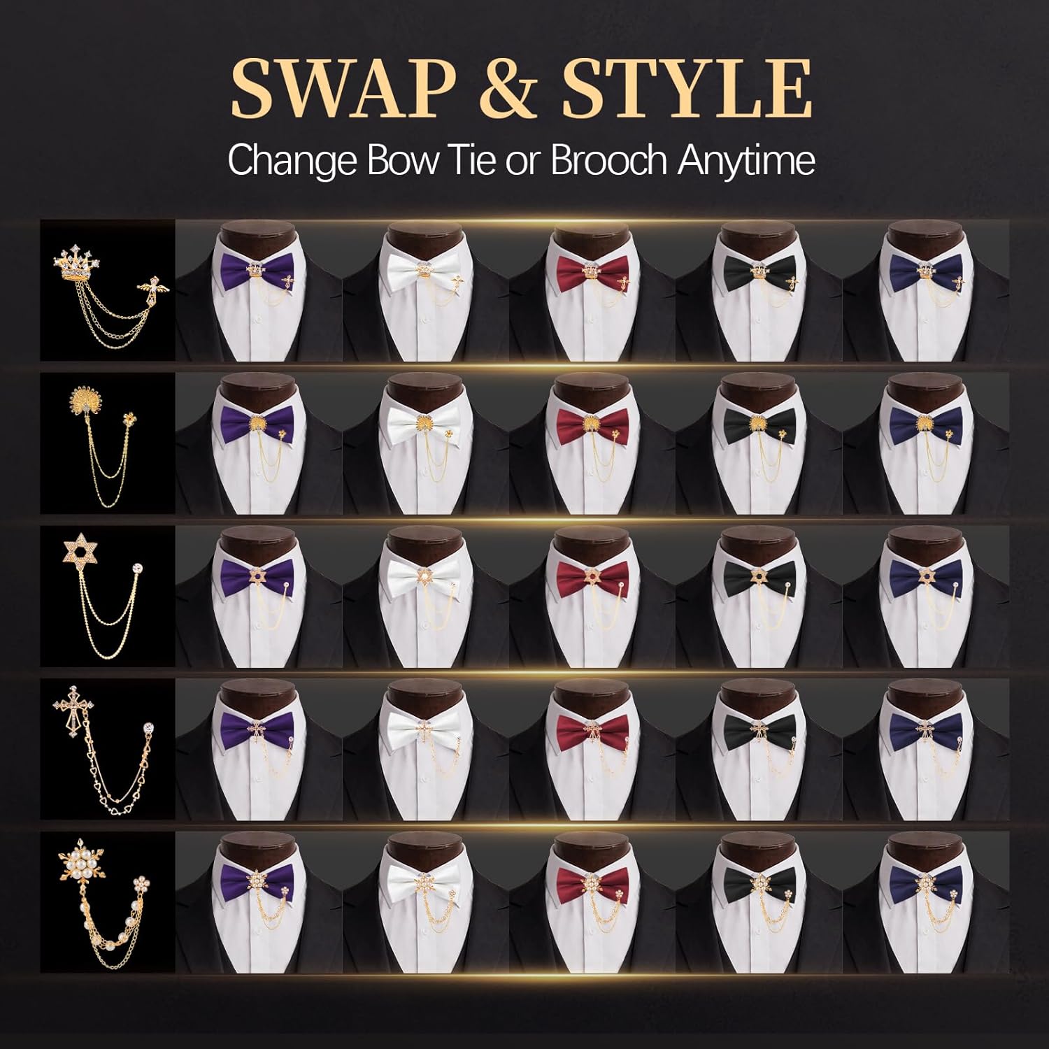 Adjustable Bowtie, Mens Black Bow Tie with Rhinestone Brooch Chain, Pre Tied Bow Ties for Men - Image 8