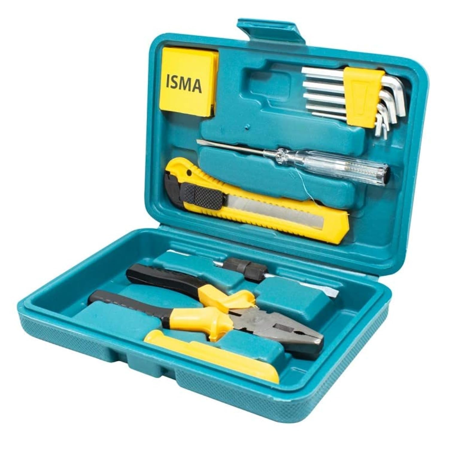 ISMA Professional Tool Set – 12-Piece Hand Tool Kit with Pliers, Hex Keys, Utility Knife, Voltage Tester & More – Turquoise Storage Case – Yellow & Black Design-image-21