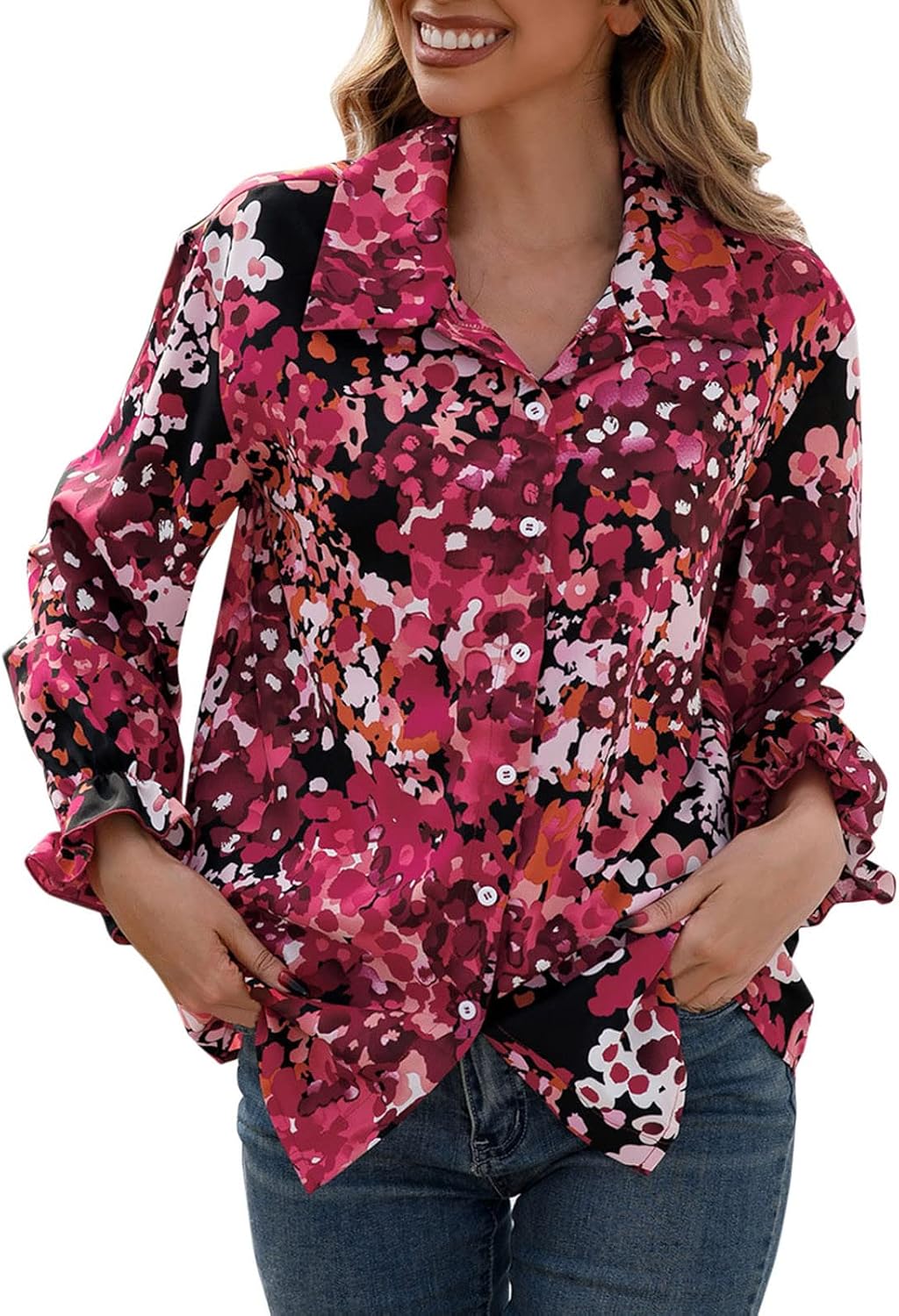 Women's Button Down Floral Shirt Blouse Long Sleeve Point Collared Top  Spring Summer Shirt Red at Amazon Women's Clothing store