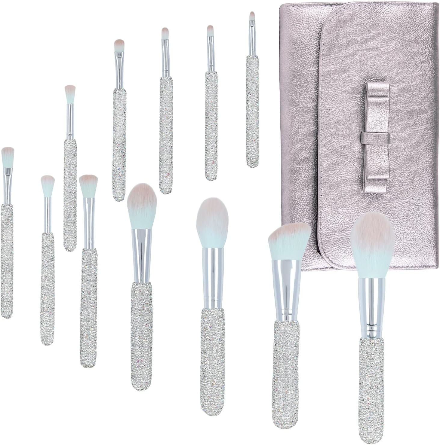 KEYPOWER Makeup Brushes Bling Crystal Professional Face Cosmetics Blending Liquid Foundation Powder Concealer Eye Shadows Make Up Beauty Tool Glitter(12PCS) (Purely Handmade) (White)