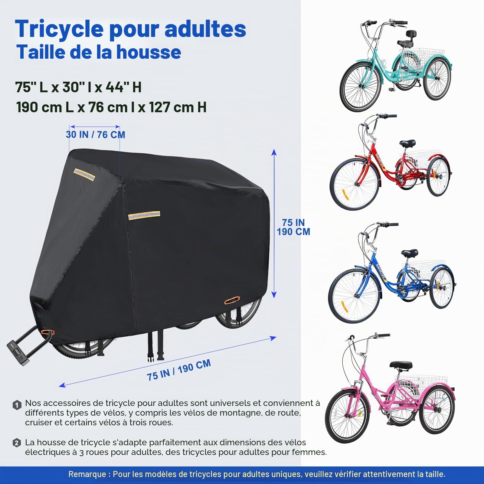 Housse de tricycle pour adulte, durable 420D pour adultes, bâche universelle pour tricycle adulte, étanche avec rayures imperméables, 3 trous de verrouillage en nylon, 4 bandes réfléchissantes