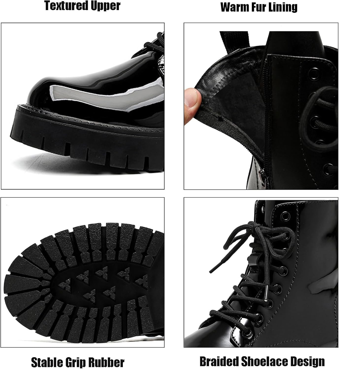 Men'S Patent Leather Fur Lined Platform Combat Boots Fashion Side Zipper Wide Toe Autumn Winter Warm Lug Sole High Top Motorcycle Boots Comfort Casual Waterproof Non-Slip Ankle Booties - Image 4