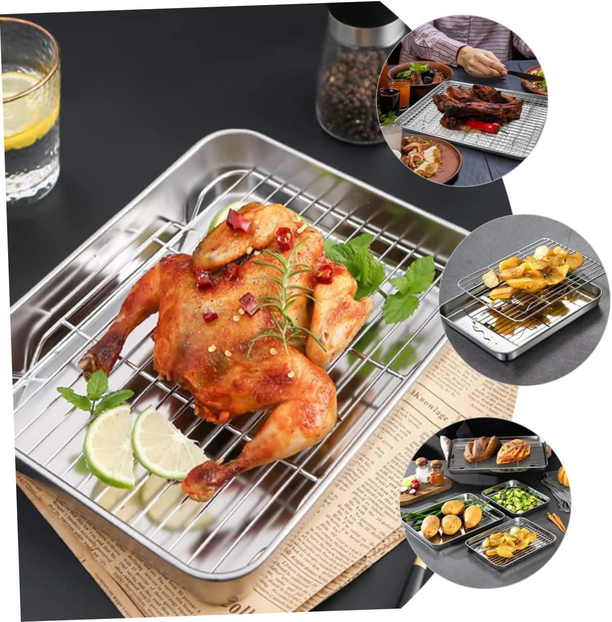 Luxshiny 1set Wear-resistant Baking Rack Reusable Tray Easy to Clean for Roasting Chicken Meat Fish