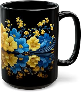 ElegantlySimple - Made in The USA - Ukrainian Coffee Mug, 11oz 15oz, Blue Yellow Flowers Print