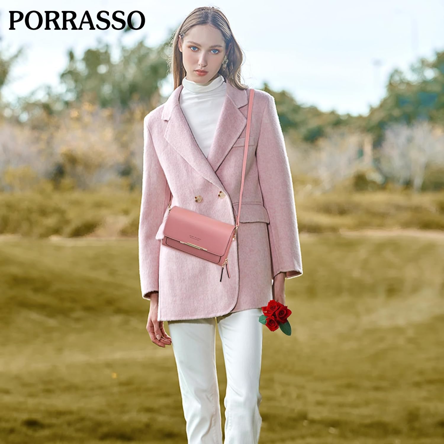 PORRASSO Women's Wallet Crossbody Phone Bag Shoulder Bag Clutch Purse Bag PU Wallet for Party Wedding Travelling Pink - Image 2