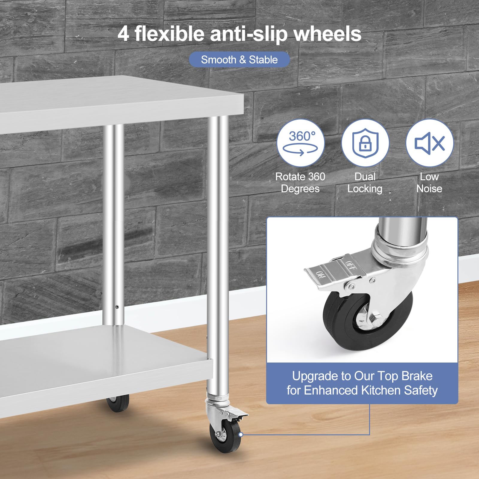 GarveeHome Arbeitstisch aus Edelstahl für Lebensmittelzubereitung, höhenverstellbar mit 3 Stufen, 4 Lenkrollen (2 gebremst), Maße 76x46 cm, ideal für gewerbliche Küchen, Restaurants & Catering