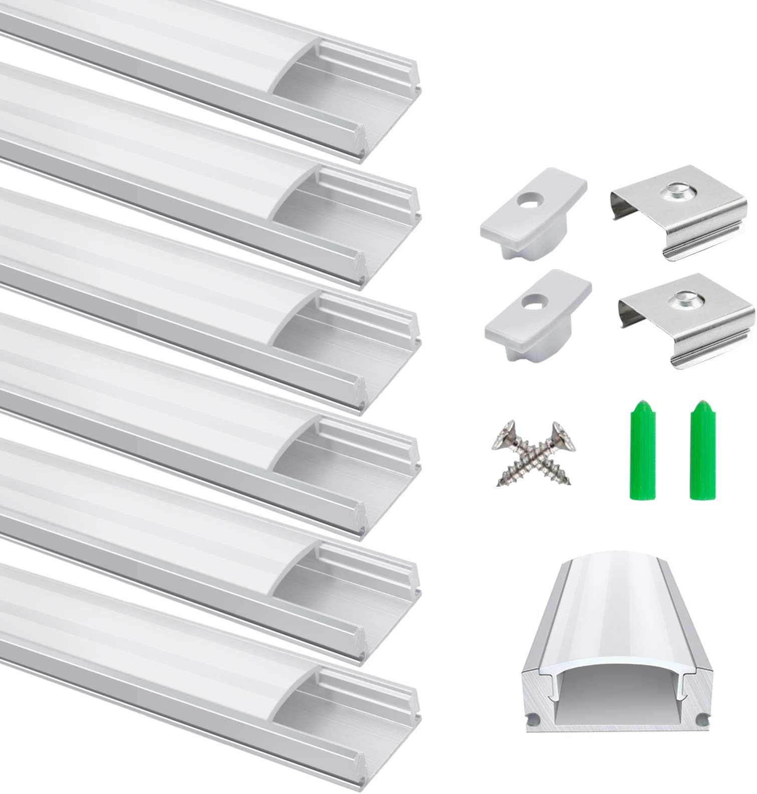 LightingWill lED aluminum Profile, Channel 6-Pack 3.3ft/1Meter Silver U-Shape Diffuser with Milky White Cover, End Caps and Mounting Clips Aluminum Extrusion for LED Strip Lights U02