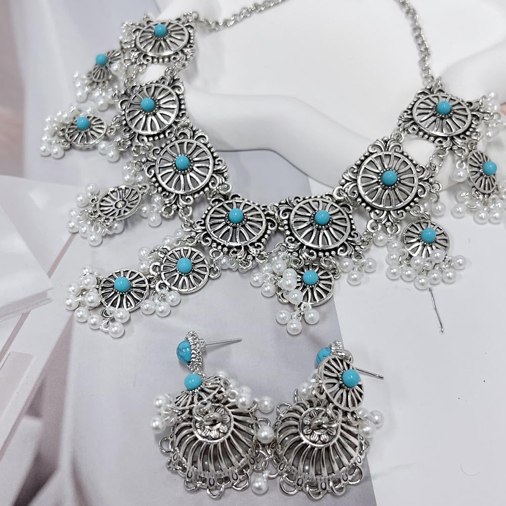 Turquoise Tassel Faux Pearl Jewellery Set Dangling Beaded Ball Oxidized Silver Bohemian Jhumka Jhumki Earring Necklace Ethnic Traditional Bollywood Choker Dangle Drop Bridal Fashion Gift for Women - Image 4