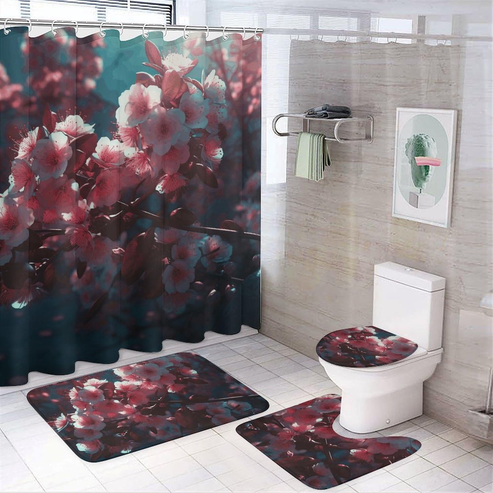 Rideau de douche imperméable et tapis de bain antidérapant fleuri