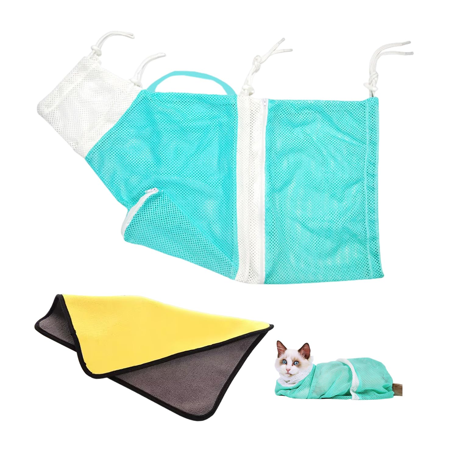 1 set da bagno per gatti, 1 telo da bagno, borsa per la doccia per gatti, borsa per la doccia per animali domestici in rete