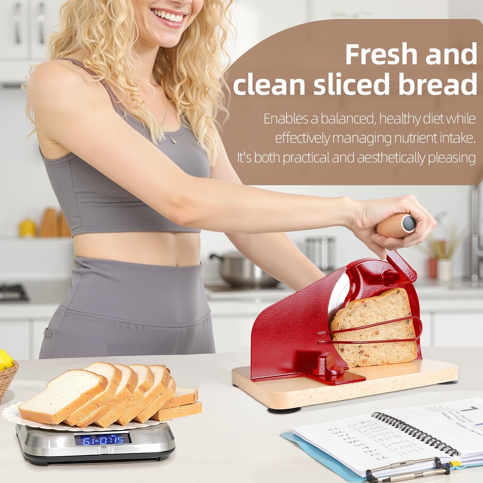 Manueller Brotschneider, verstellbare Handkurbel mit Skalenlinien für hausgemachten Sauerteig & Baguette, scharfe Edelstahlklinge schneidet gleichmäßig Sandwiches, Toast