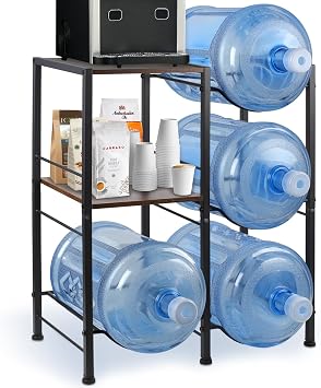 5 Gallon Water Jug Holder Stand with Wood Shelves Heavy-Duty Water Bottle Storage Rack for Home, Office, Garage Rustic Brown Wood & Steel Dispenser Stand Holds Up to 300LBS
