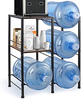 5 Gallon Water Jug Holder Stand with Wood Shelves – Heavy-Duty Water Bottle Storage Rack for Home, Office, Garage – Rustic Brown Wood & Steel Dispenser Stand – Holds Up to 300LBS