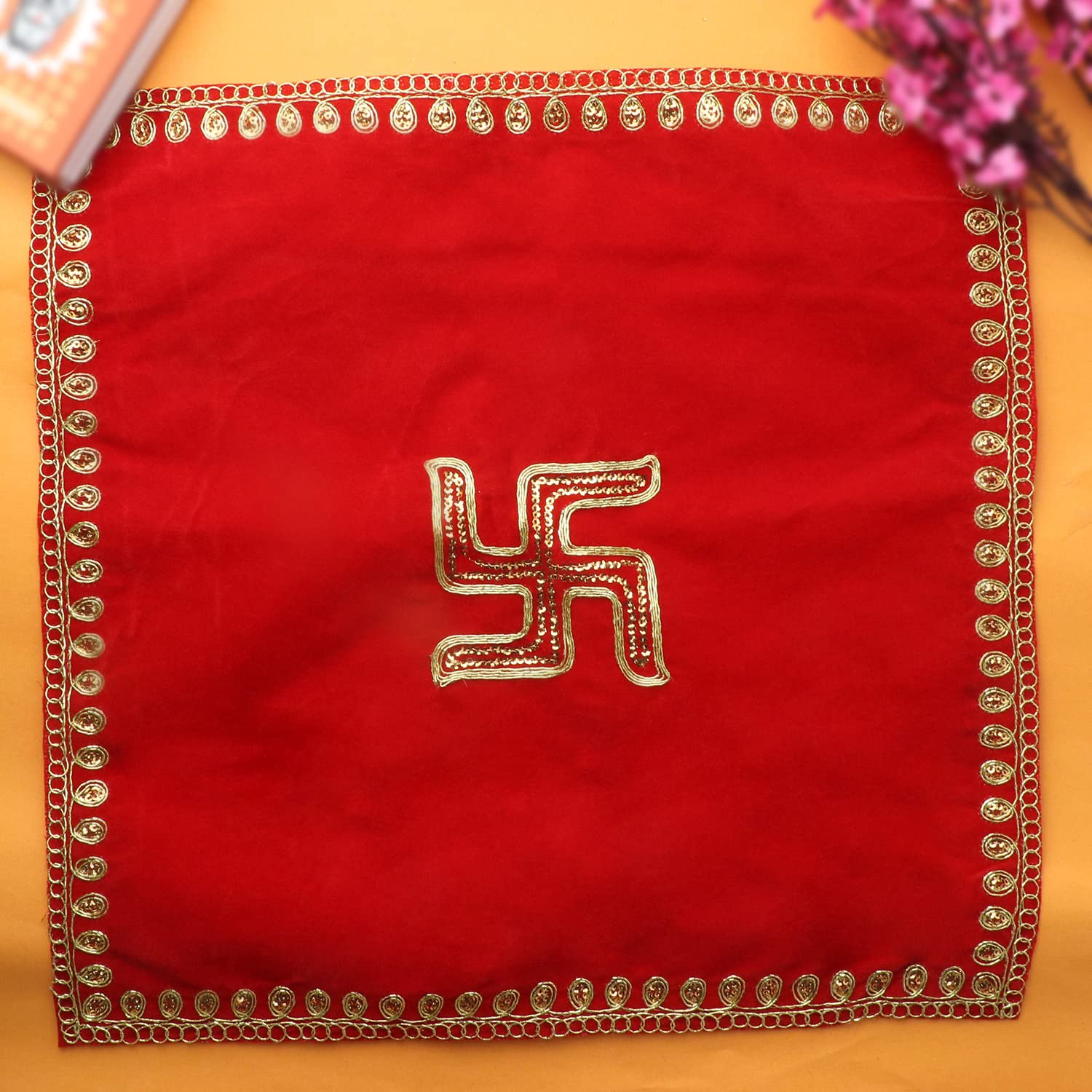 SATVIK 4 Pc Set Red Asan (38cm x 38cm) for Pooja Puja Mat for Home Mandir Temple for Prayer Meditation Satin Bhagwan Chowki Swastik Design Aasan Cloth Decoration Item Diwali Puja Pooja Accessories