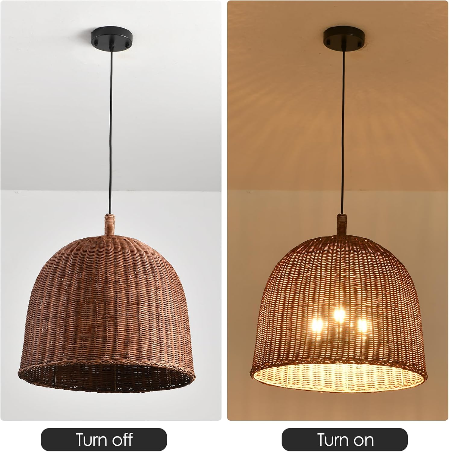 HUEHENGHAO Dark Brown Rattan Pendant Light, 3-Light Large Woven Pendant Hanging Light Natural Basket Chandelier Farmhouse Bamboo Pendant Lighting for Dining Living Bedroom Kitchen Famhouse