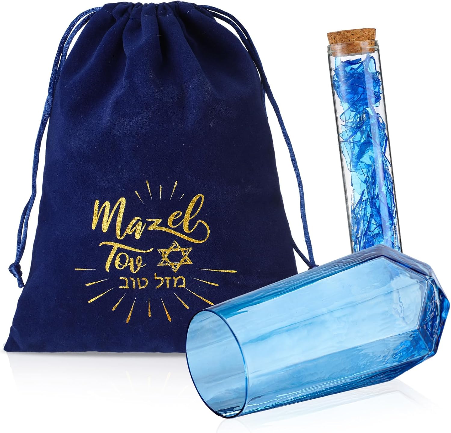 3 Pcs Jewish Wedding Chuppah Breaking Glass Jewish Gifts for Couples Engagement Marriage Anniversary Ceremony Glass Souvenir Vessel Groom with Drawstring Bag(Blue) Blue wedding cup: blue ,Test tube with cork: transparent ,Bag: dark blue