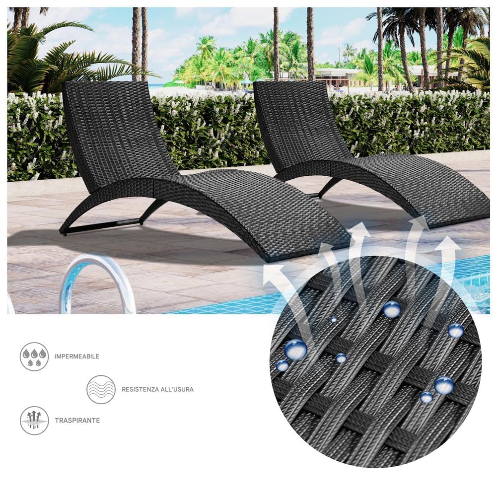 BAKAJI Lettino Sdraio Pieghevole in Rattan con Cuscino Rimovibile con Imbottitura ad Alta Densità, Letto Prendisole Salvaspazio Nero per Esterni, Giardino, Patio, Balcone, Ergonomico e Resistente