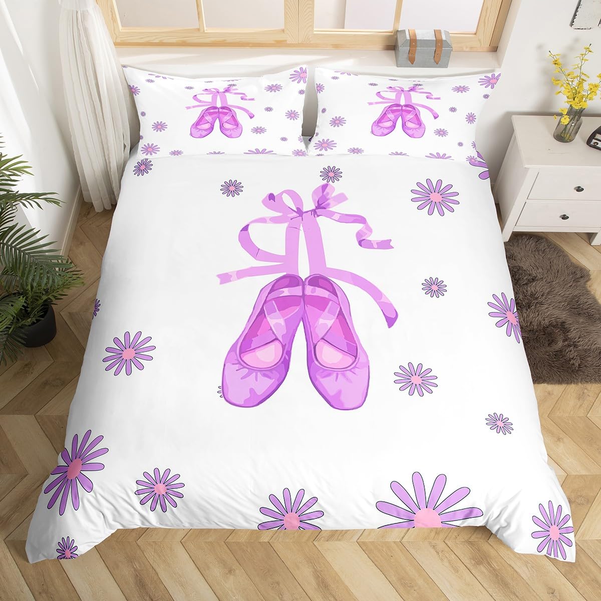 Homewish Ballerina Dancer Girls Bedding Set King Size Dancing Ballet Shoes Duvet Cover For Teens Women Purple Floral Daisy Flowers Bed Set,Dreamy Princess Kawaii Room Decor
