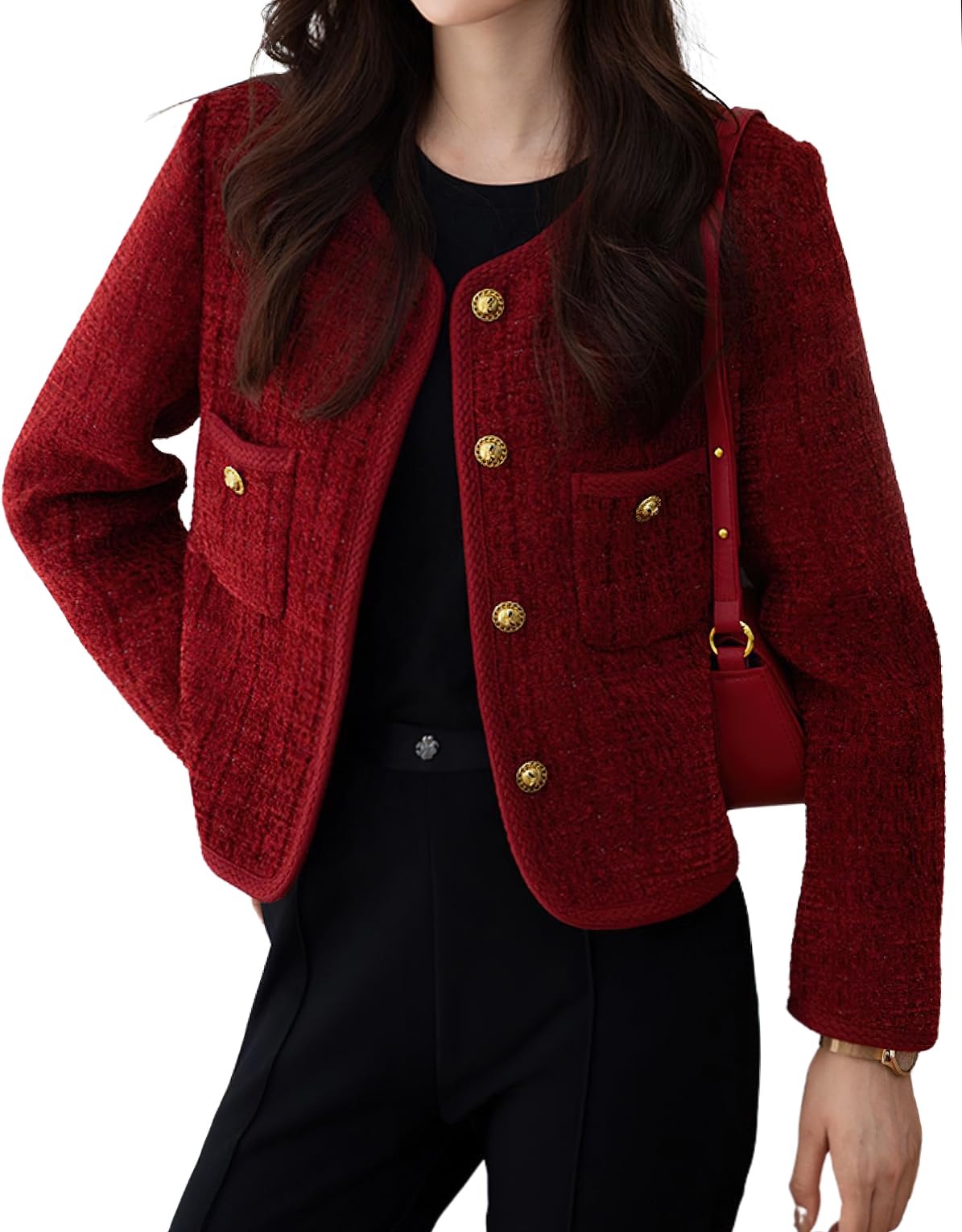 chouyatou Womens Fall Winter Elegant Tweed Blazer Jacket Collarless Button Down Coat Dressy Suit Top