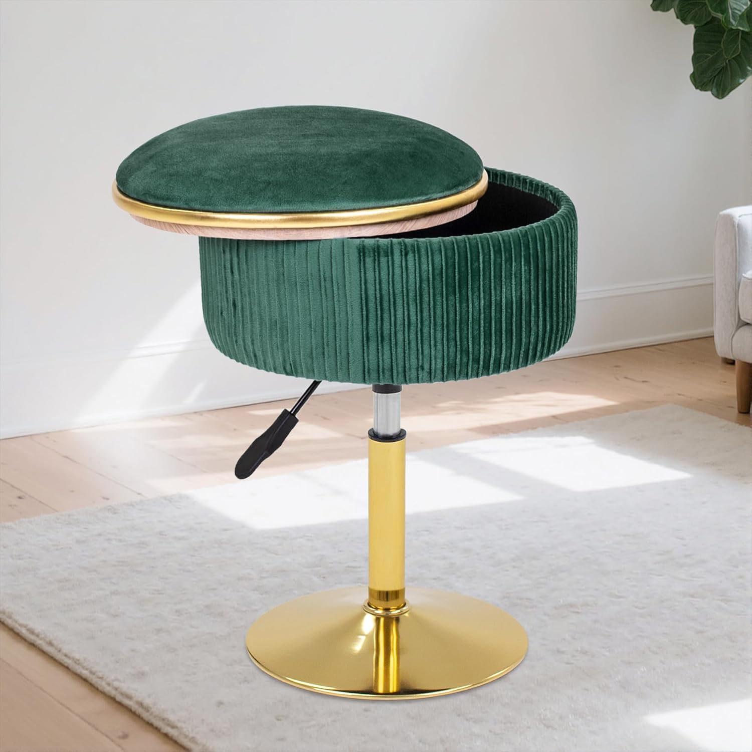 Adjustable Vanity Stool with Storage, 360° Swivel Makeup Stool Chair Small Velvet Round Ottoman with Gold Base for Bedroom (Beige)