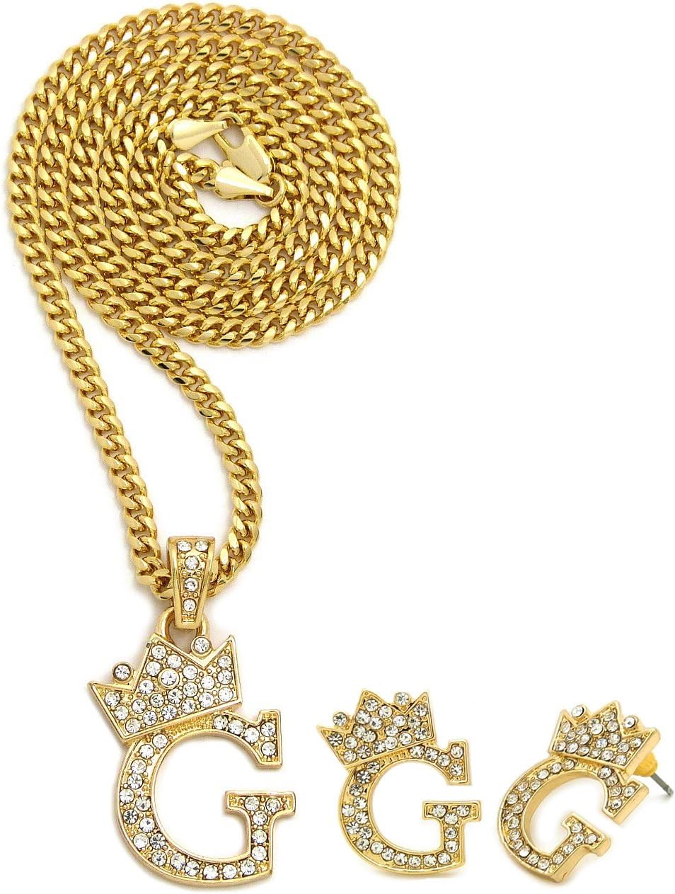 Fashion 21 Unisex Small Size Pave Initial Alphabet Letter Pendant 24" Cuban Chain Necklace & Earring Set (G Set/Gold)