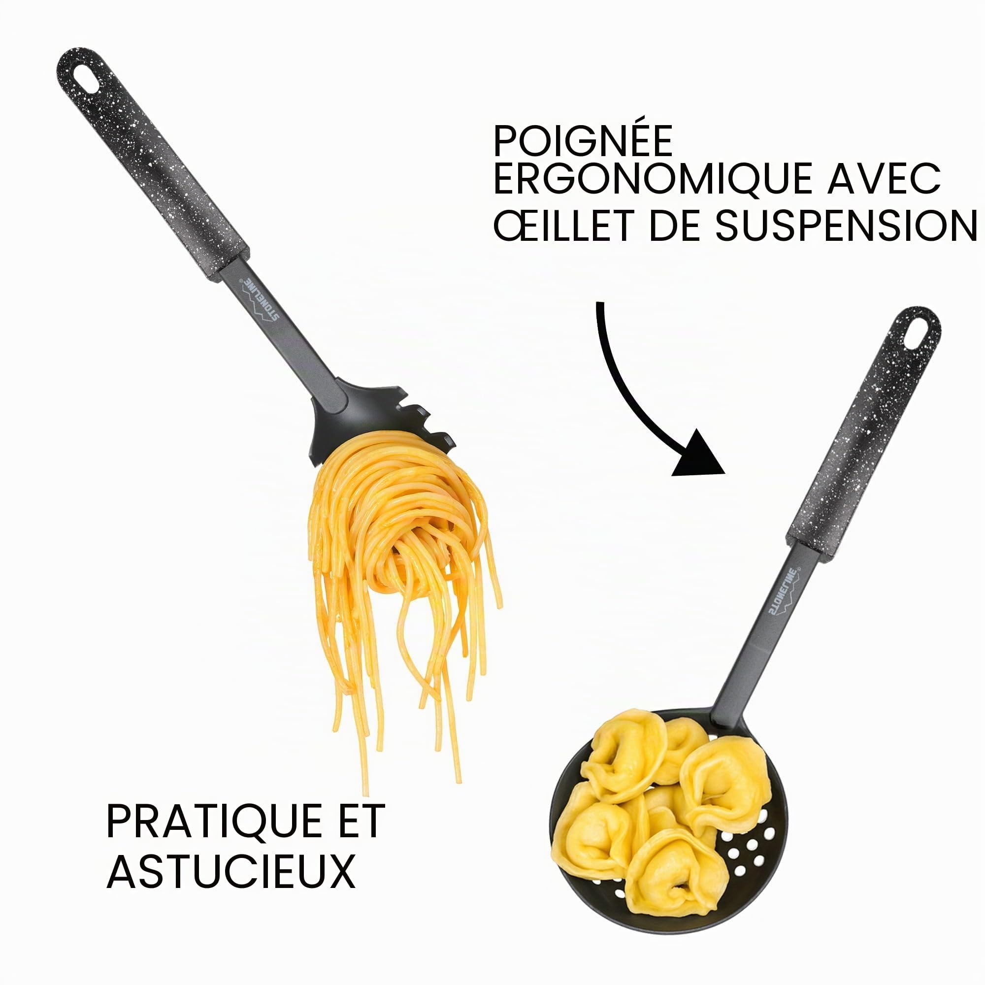 STONELINE Set d'Ustensiles de Cuisine 9 pcs, en Plastique et Design Original STONELINE, avec Support en Plastique, adapté aux Ustensiles de Cuisine à Revêtement Antiadhésif, Noir