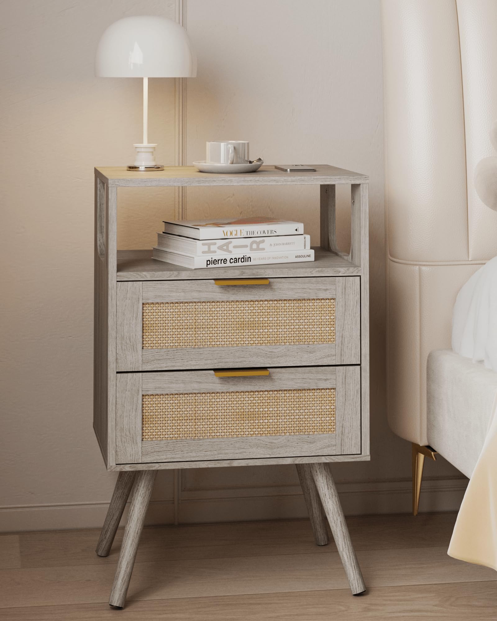 JERX Rattan Bedside Table, Farmhouse Nightstand with 2 Storage Drawer and Open Wood Shelf, for Bedroom and Small Spaces, Accent Bedside Cabinet with Solid Wood Legs, Easy Assembly Grey Oak