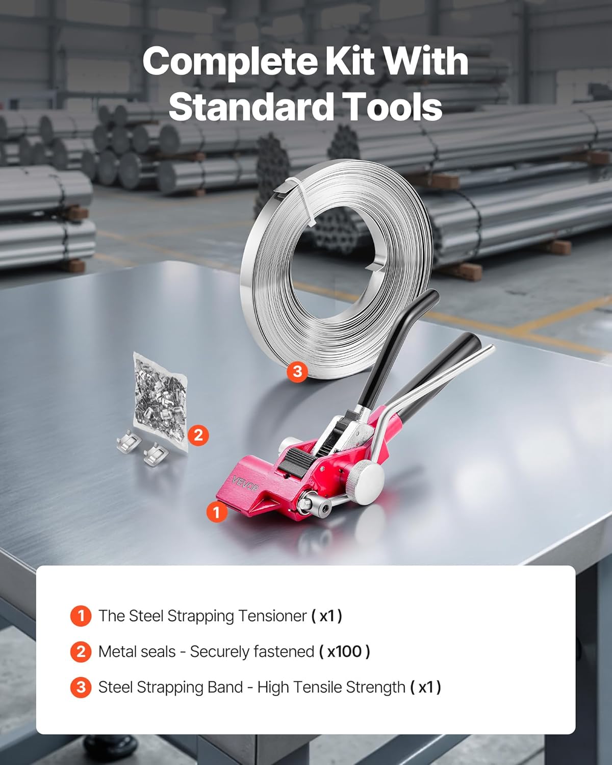 VEVOR Steel Banding Strapping Kit, Heavy Duty Banding Sealer Tool with 100 ft Binding Straps, 100 Metal Clasps, Manual Pallet Packaging Strapping Kit for Warehouse, Transportation, Industrial Bundling