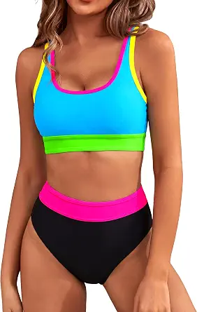  Womens High Waisted Bikini Sets Sporty Two piece Color Block Swimsuits | color block modest bathing suit, great support&full coverage, tummy control, adjuatable straps & removable padded, comfy&fit