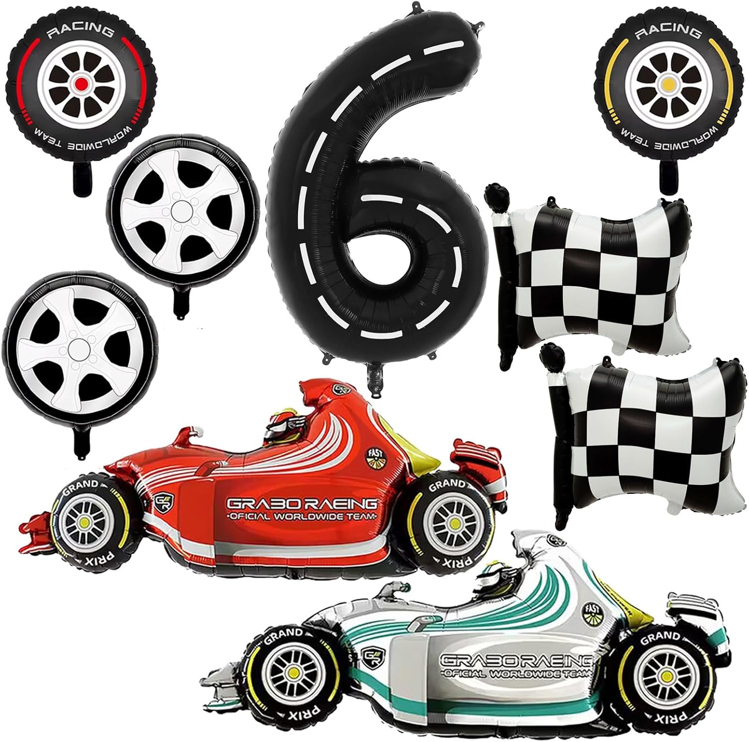 Number 6 Race Car Balloons, 43 Inch Race Car Party Decorations, Wheel Tire Balloon, Black and White Checkered Foil Balloons for Boys 6th Birthday Party Decoration - Pack of 9
