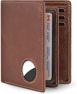 Airtag Wallet for Mens Wallet with Coin Pocket Bifold Genuine Leather RFID Slim Wallet with ID Window 11 Card Holders Gifts for Him, Vertical Style, CoffeeBrown (Airtag Not Included)
