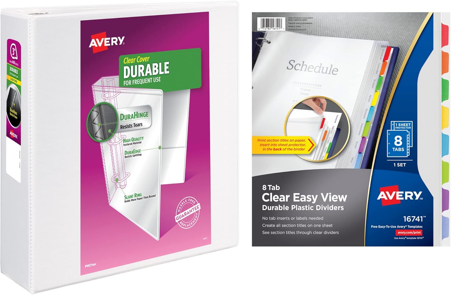 Avery Durable View 3 Ring Binder with 3 Inch Rings, 8 Tab Durable Plastic Binder Dividers, Office Supplies Set (01680)
