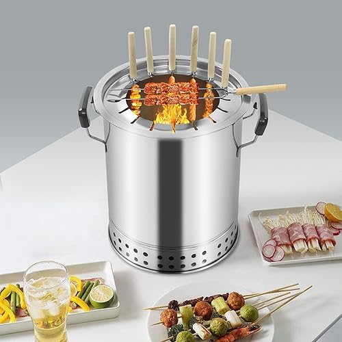 Miniatura 8 de Parrilla de carbón sin humo, parrilla colgante de carbón envolvente de acero inoxidable con rejilla de cocción, parrilla portátil de carbón para