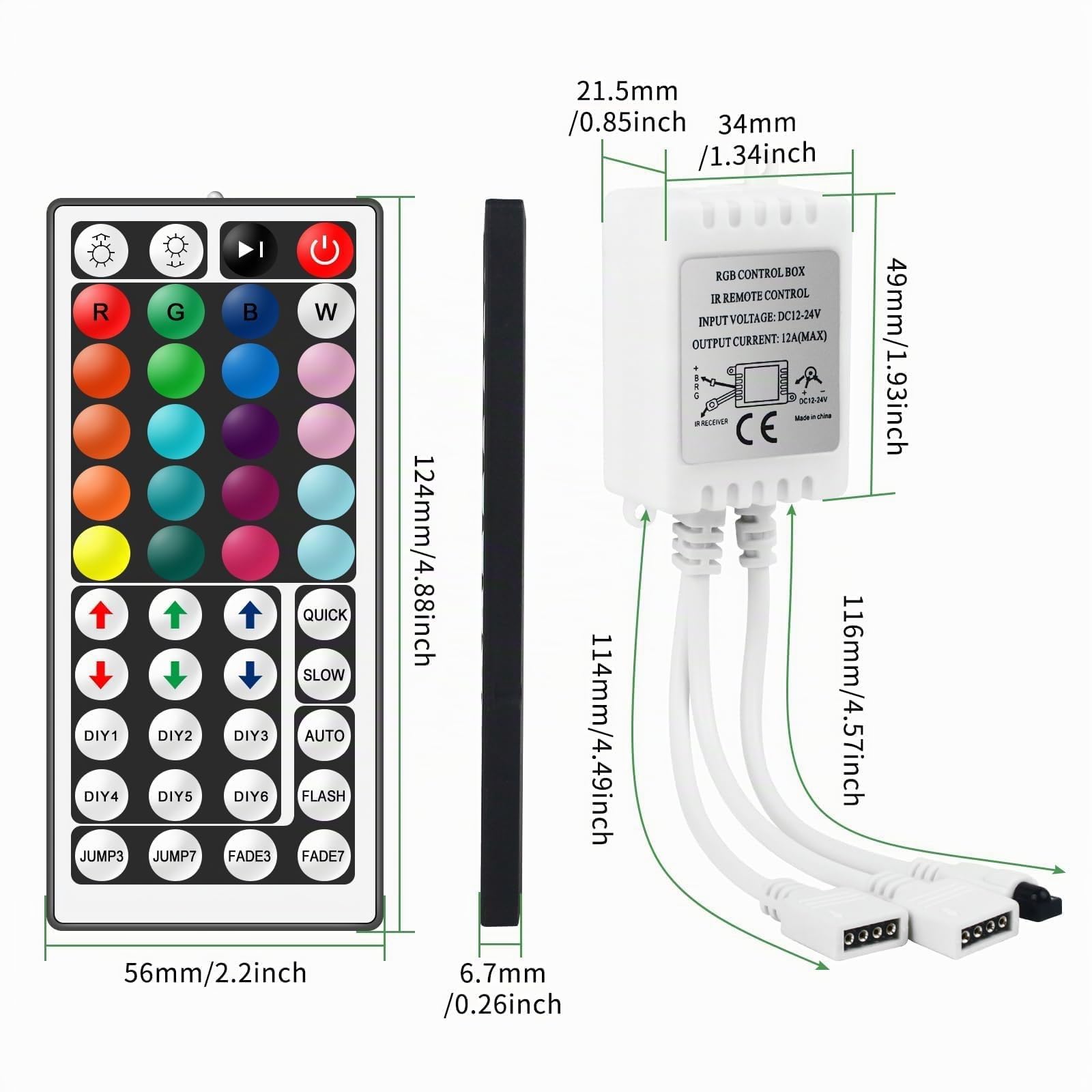 Vipmoon 44 Touches télécommande Infrarouge sans Fil gradateur avec récepteur de télécommande Infrarouge sans Fil DC12V - 24V pour 4 Broches RGB 3528 5050 LED Bande Lumineuse - Double Sortie