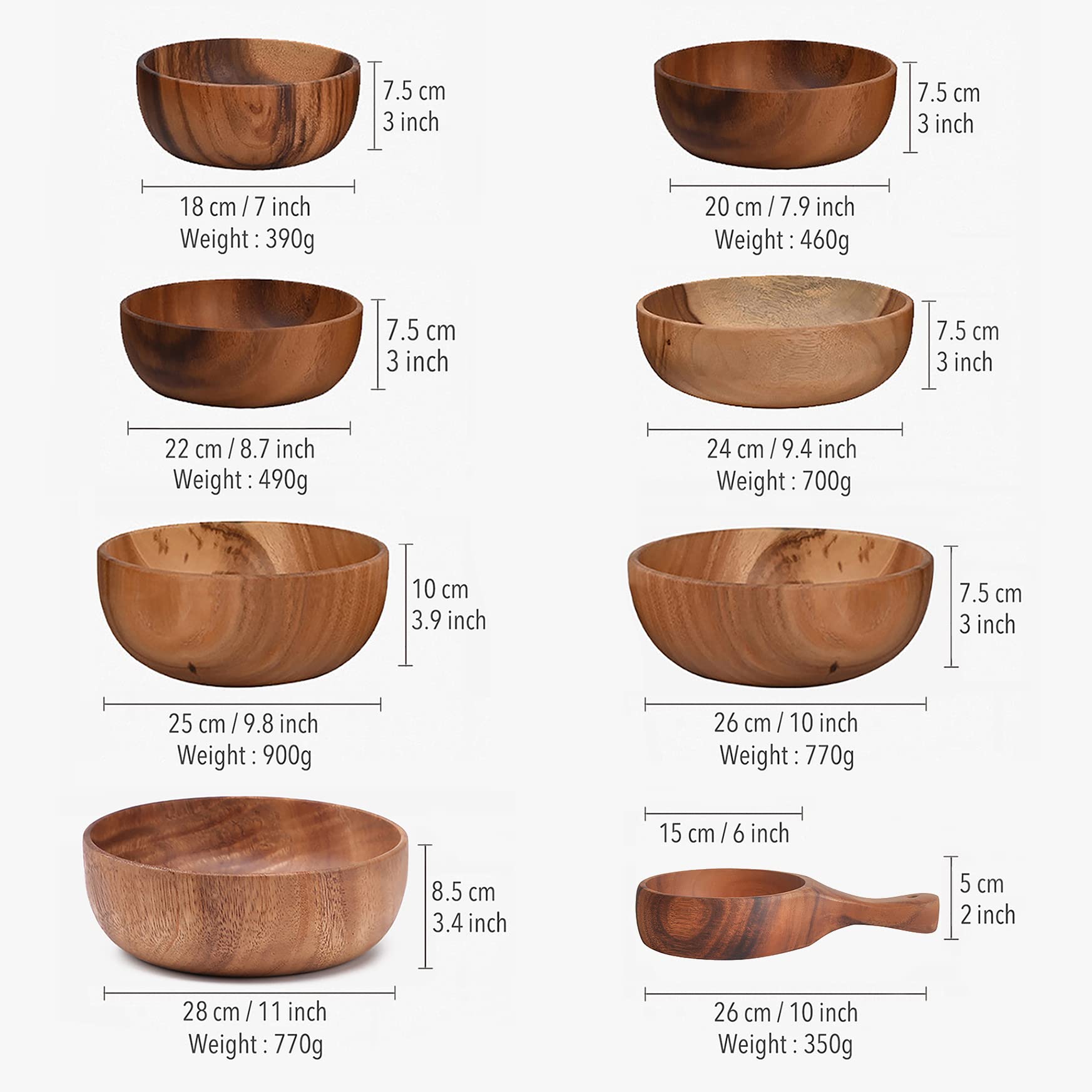 Ensaladera de madera de gran tamaño (28 cm x 8.5 cm), cincelado de toda la pieza de madera, sin empalme, cuenco de madera de acacia, cuencos grandes de madera, para frutas, cereales y decorar