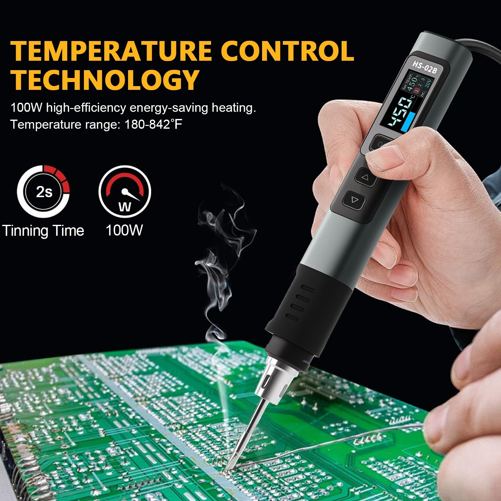 HS-02B Soldador Estaño 100W con LCD, Kit de Soldador de Estaño Profesional DC9-24V Soldering Iron interfaz Type-C, 2S Calentamiento Rápido, 180-842℉ Ajustable, Reposo Automático, 1 Punta de Soldadura