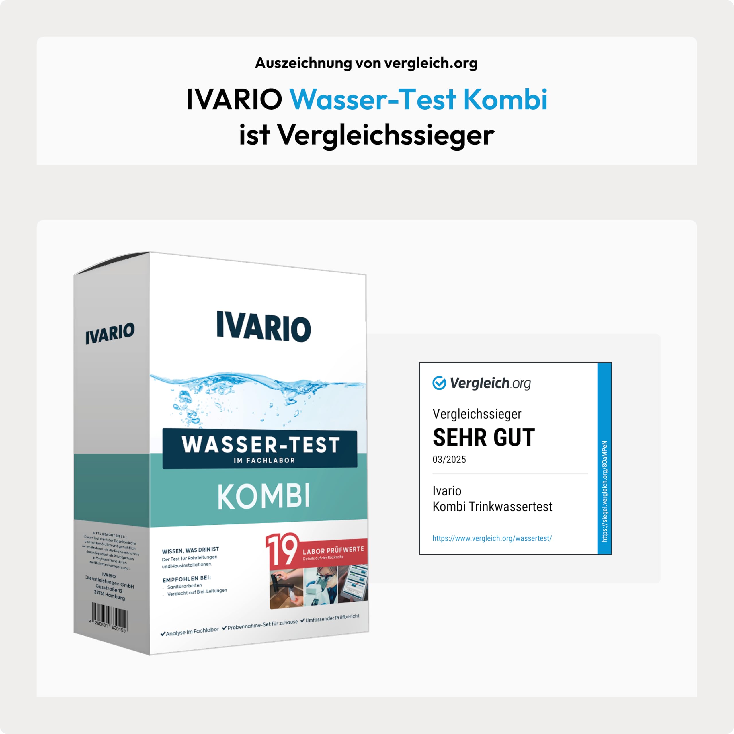 IVARIO Labor-Wassertest Kombi (19-in-1) für Trinkwasser, Experten-Analyse im Deutschen Fachlabor. Leitungswasser-Test mit 19 Prüfwerten