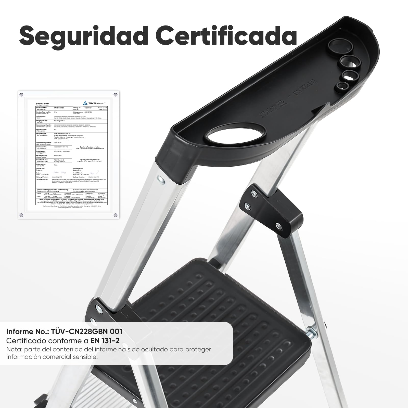Sekey Escalera de Aluminio 4 Peldaños 140 cm, Plegable con Bandeja Portaherramientas, Peldaños Antideslizantes, Soporta hasta 150 kg, Certificada TÜV EN131-2, para Hogar, Garaje y Jardín
