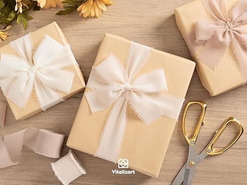 Vista 4 de Vitalizart White Handmade Chiffon Silk Ribbon Fringe 1.5" x 21 Yd Nude & Ivory Frayed Edges Ribbons for Wedding Invitations Bridal Bouquets Gifts