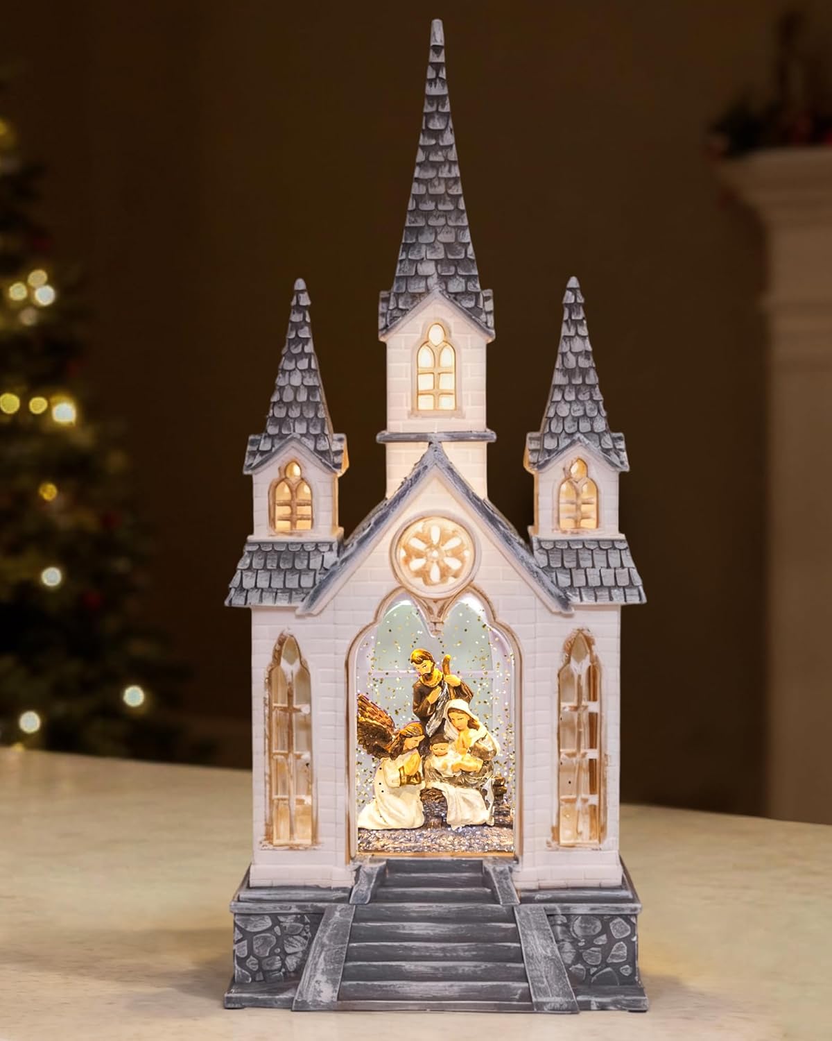 Large Christmas Church Nativity Snow Globe Light up Snowglobe with Music, 9.84″ White Christmas Snow Globes for Kids Adults, 6H Timer & Dual Power, Angle Snowglobes Christmas Decorations Indoor