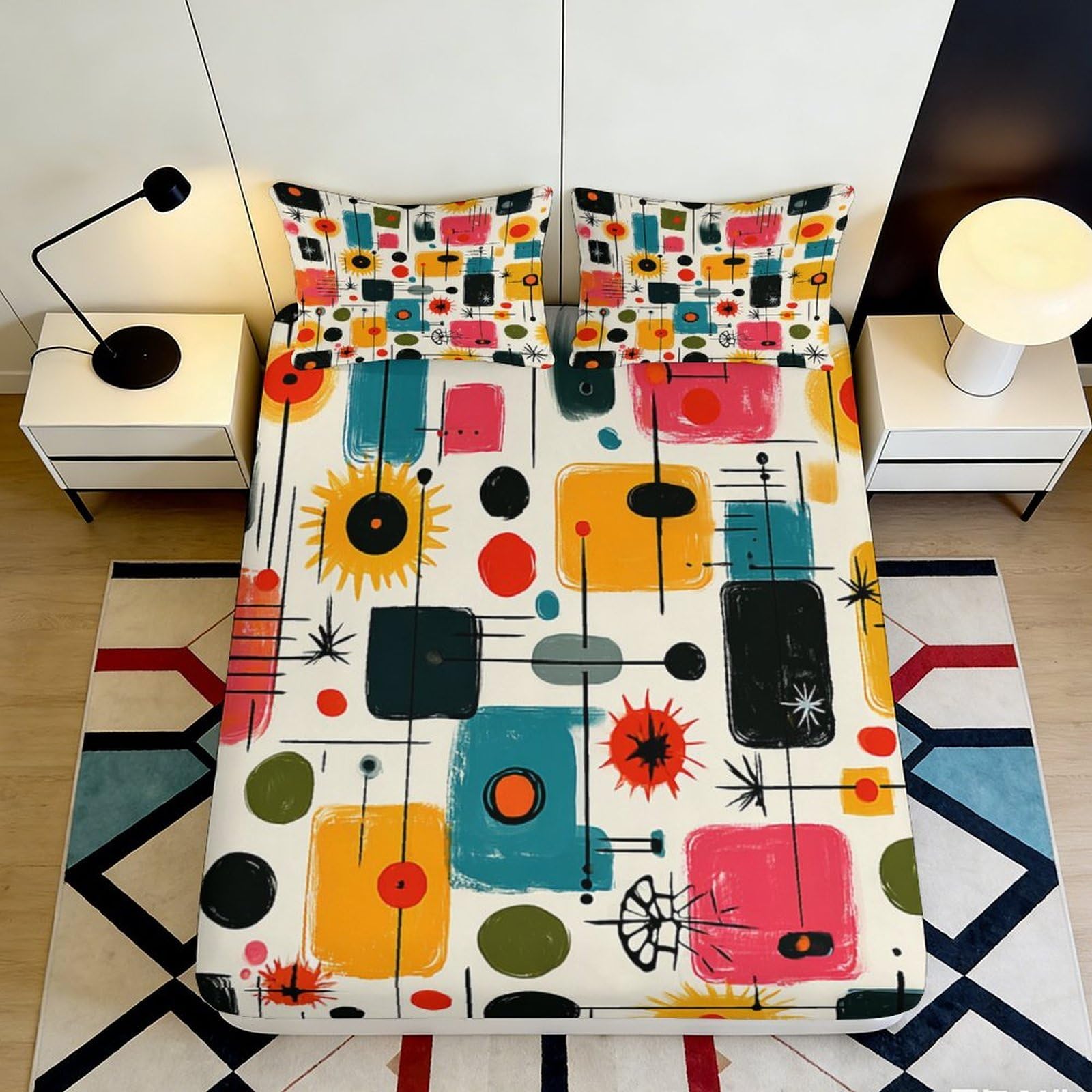 Pnayamiorkfel Style-7 3D Printed Retro Geometric Fitted Sheet Microfiber Colorful Abstract Mattress Cover For Bedroom Dorm Decor Protection 90X200x25cm