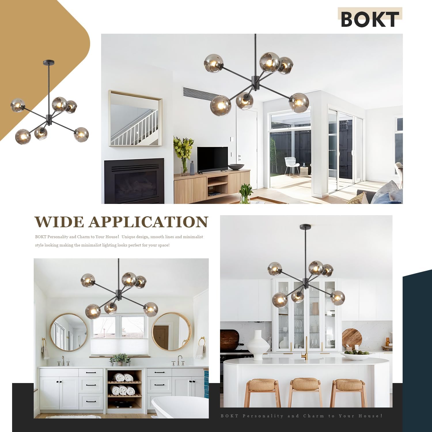 BOKT 6 Lights Modern Glass Globe Sputnik Chandelier Mid Century Matte Black Sputnik Pendant Light Fixture Adjustable Vintage Large Smoke Gray Ball Chandelier Pendant Light for Kitchen Living Room