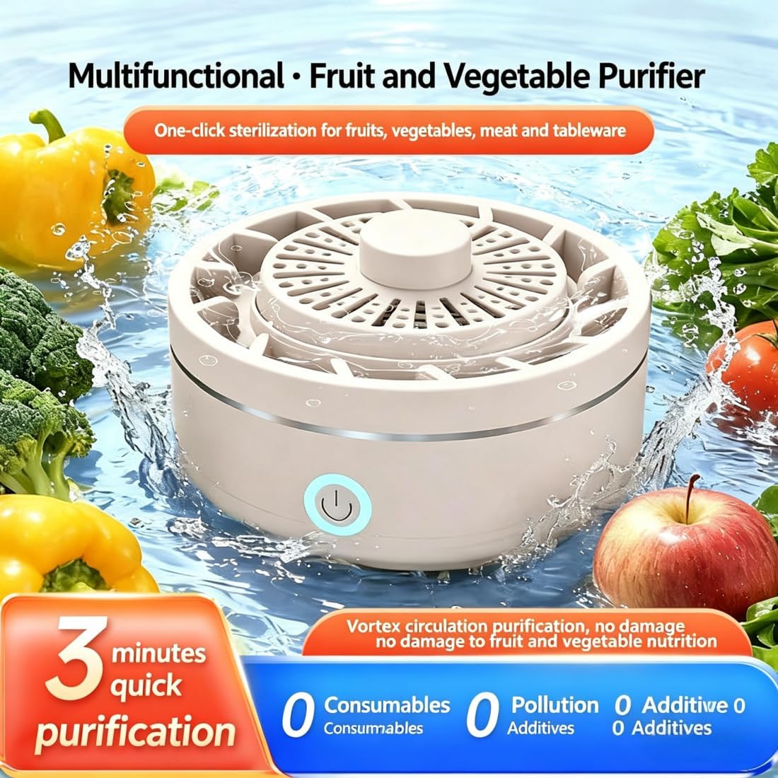 Produce Cleaner Machine, 2026 New Produce Cleaner Device, 5-Min Auto Cleaning, Oh-Ion Food Purifier for Deep Cleaning Surface Residues, Ipx7 Waterproof Cordless Device for Berries & Meat (Blue)