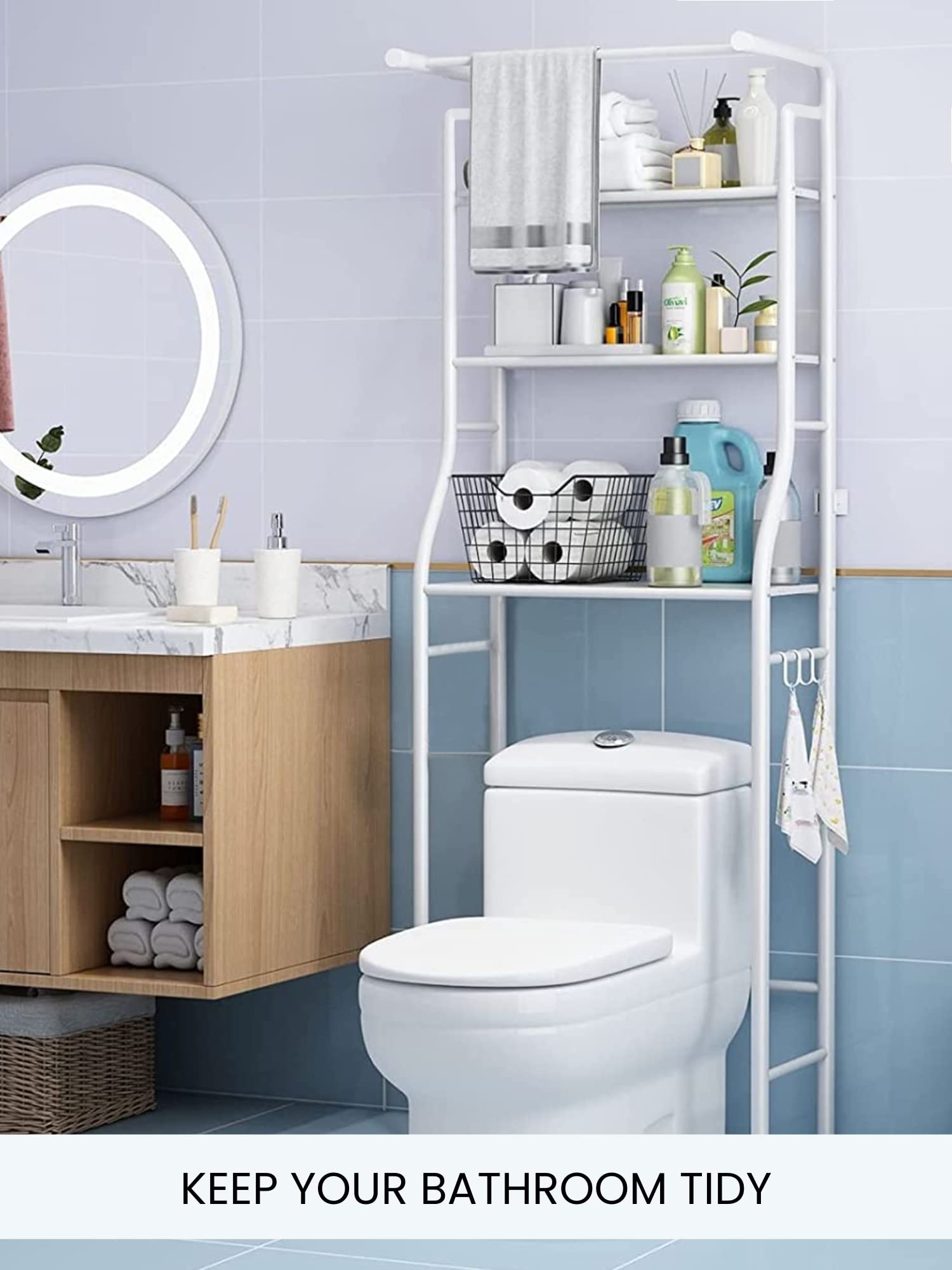 Scaffale Da Bagno Sopra WC - 3 Ripiani Bianco Impermeabile Con Gambe Regolabili