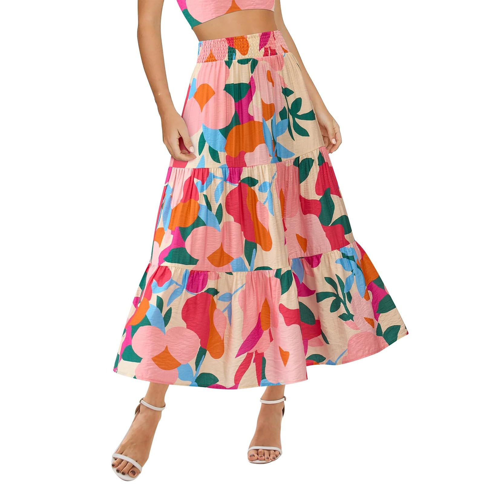 Floral Long Skirts for Women Trendy Summer Hawaiian Tiered Pleated Maxi Skirt Casual Elastic Waist Flowy Boho Skirt