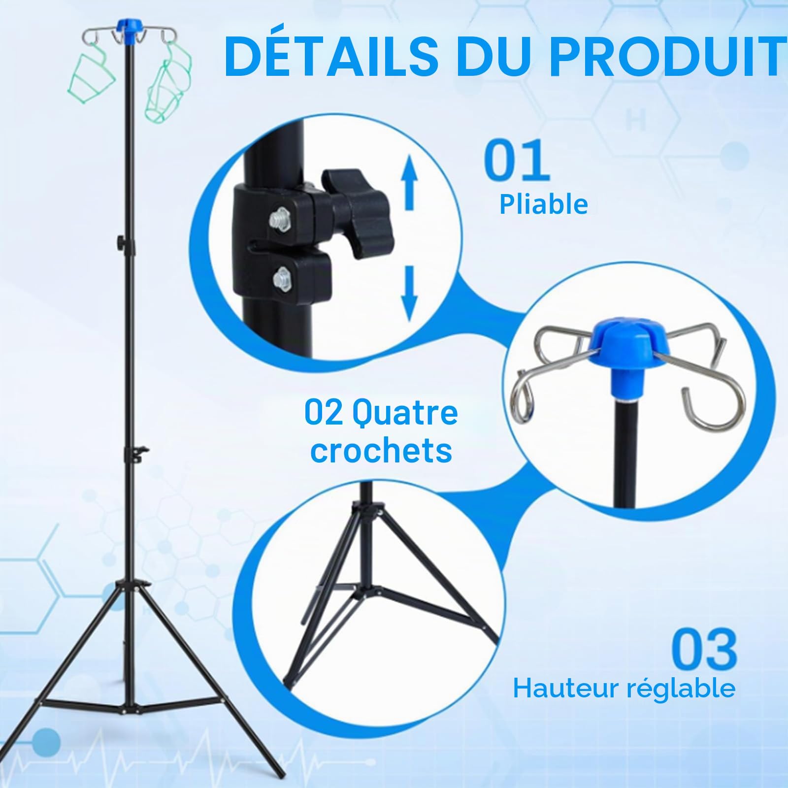 Poteau de perfusion vertical mobile et pliable 2M Support de Perche intraveineuse Pliable Portable de Hauteur réglable pour la maison, la clinique et l'hôpital