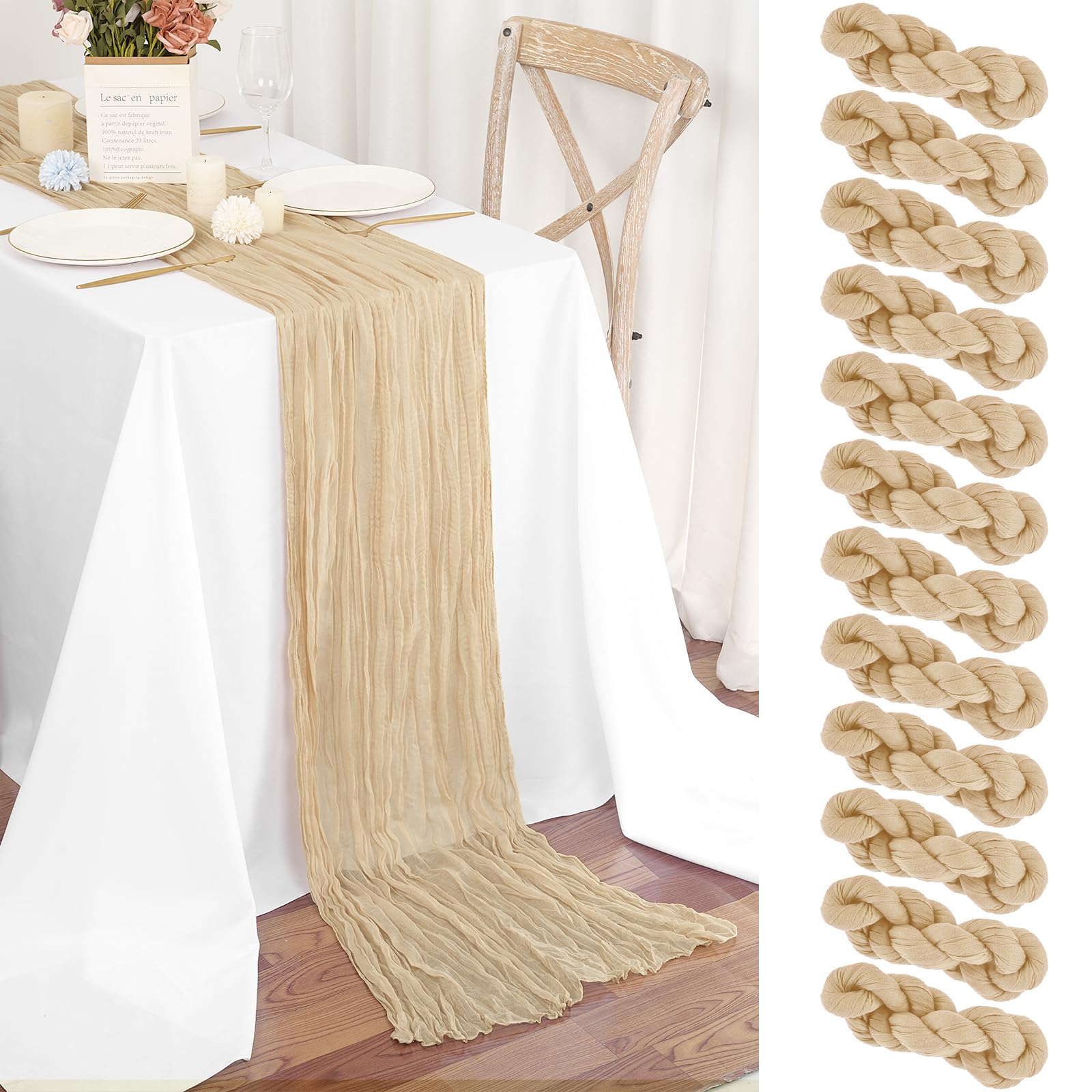 12 Pack Beige Cheesecloth Table Runner 45x275 cm Boho Gauze Cheese Cloth Table Runner for Wedding Party Baby Bridal Shower Birthday Decorations — image 1
